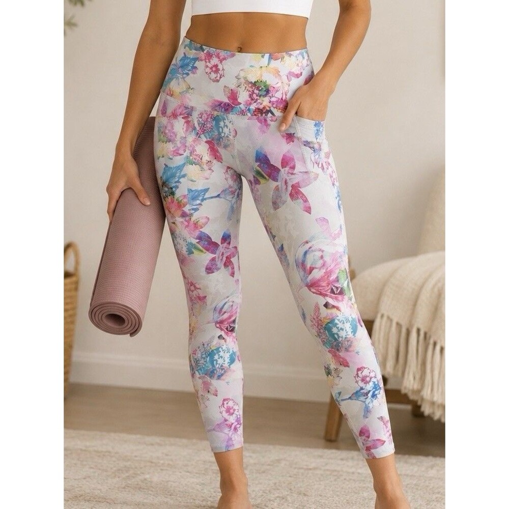 RBX Floral Print Leggings Size L Multicolor High Rise Yoga Workout Pocket